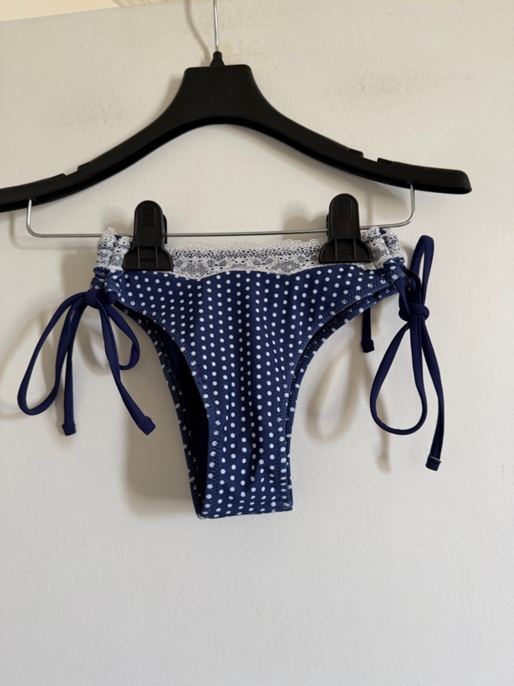 Seamolly Blue White Polka Dot Lace Trim Side Tie Swim Bikini Bottoms size XS EUC